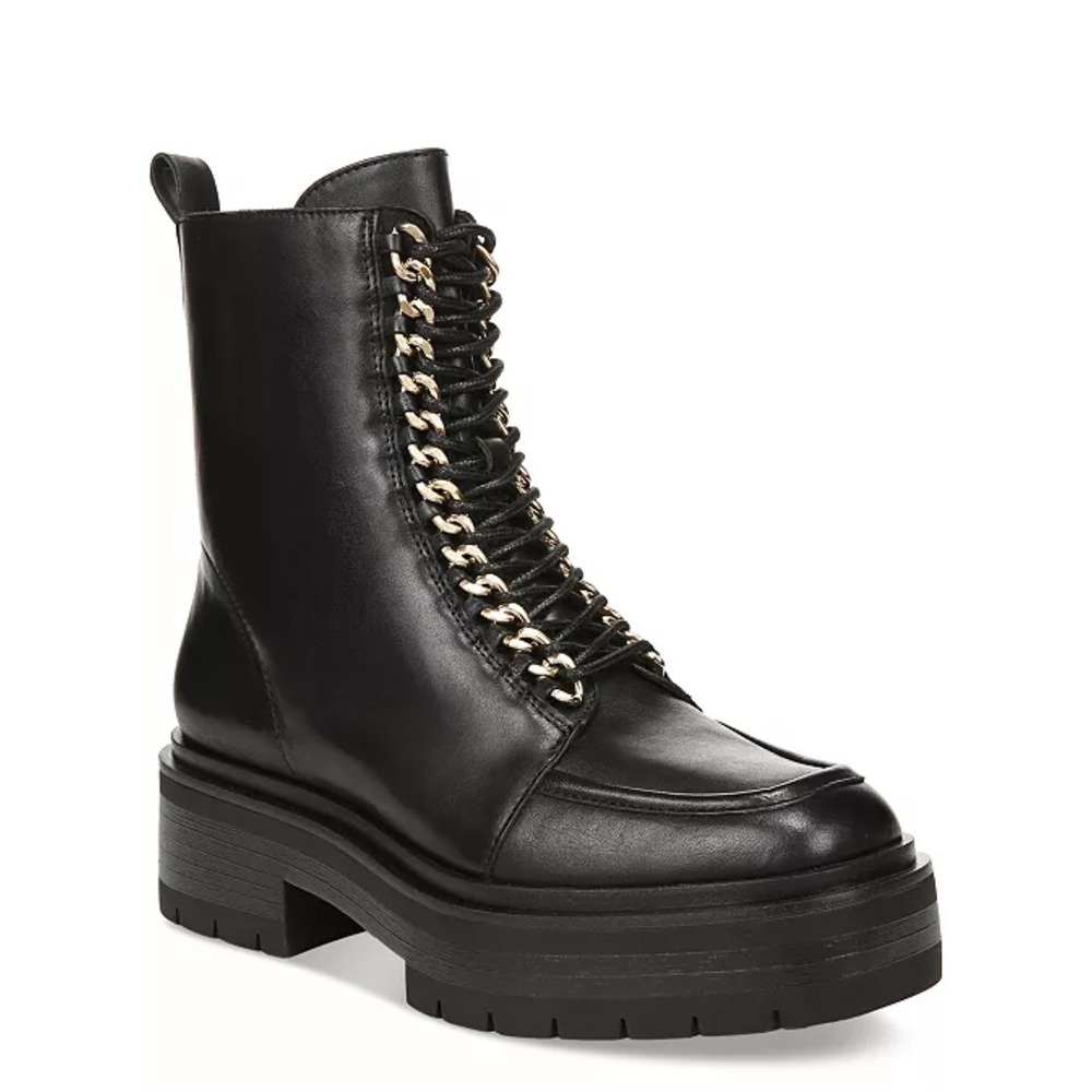 New $200 Sam Edelman Lovrin Black Leather Lace Round Chunky Ankle Combat Boots 7